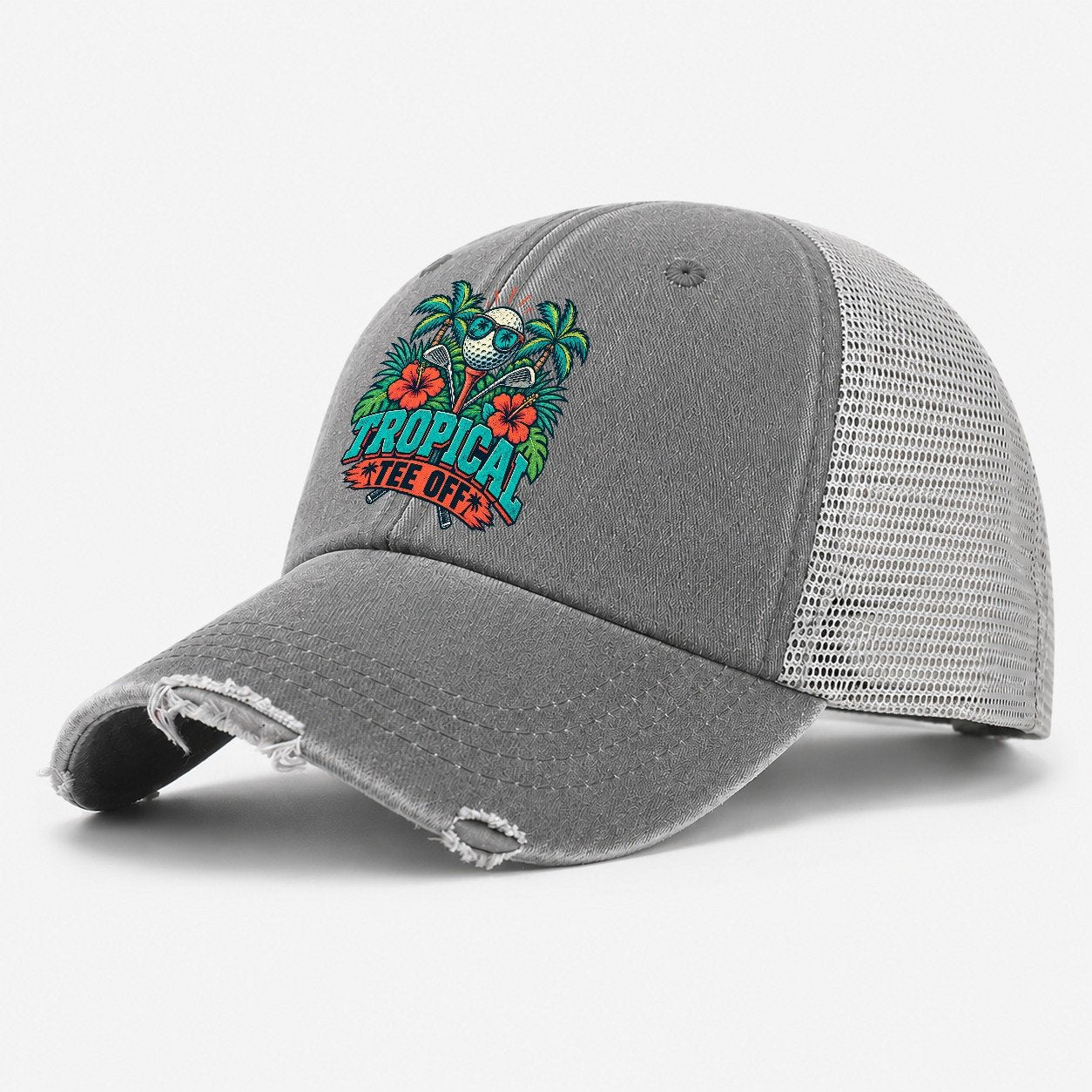 Tropical Tee Off Golf Life Washed Trucker Hat – Grey