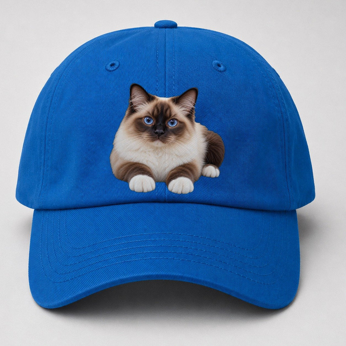 Birman Reclining Paws Forward Realistic Cat Portrait Baseball Cap – Blue