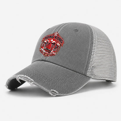 Hong Kong Retro Badge Country Logos Washed Trucker Hat – Grey