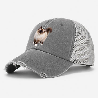 Birman Standing Three Quarter Realistic Cat Portrait Washed Trucker Hat – Grey