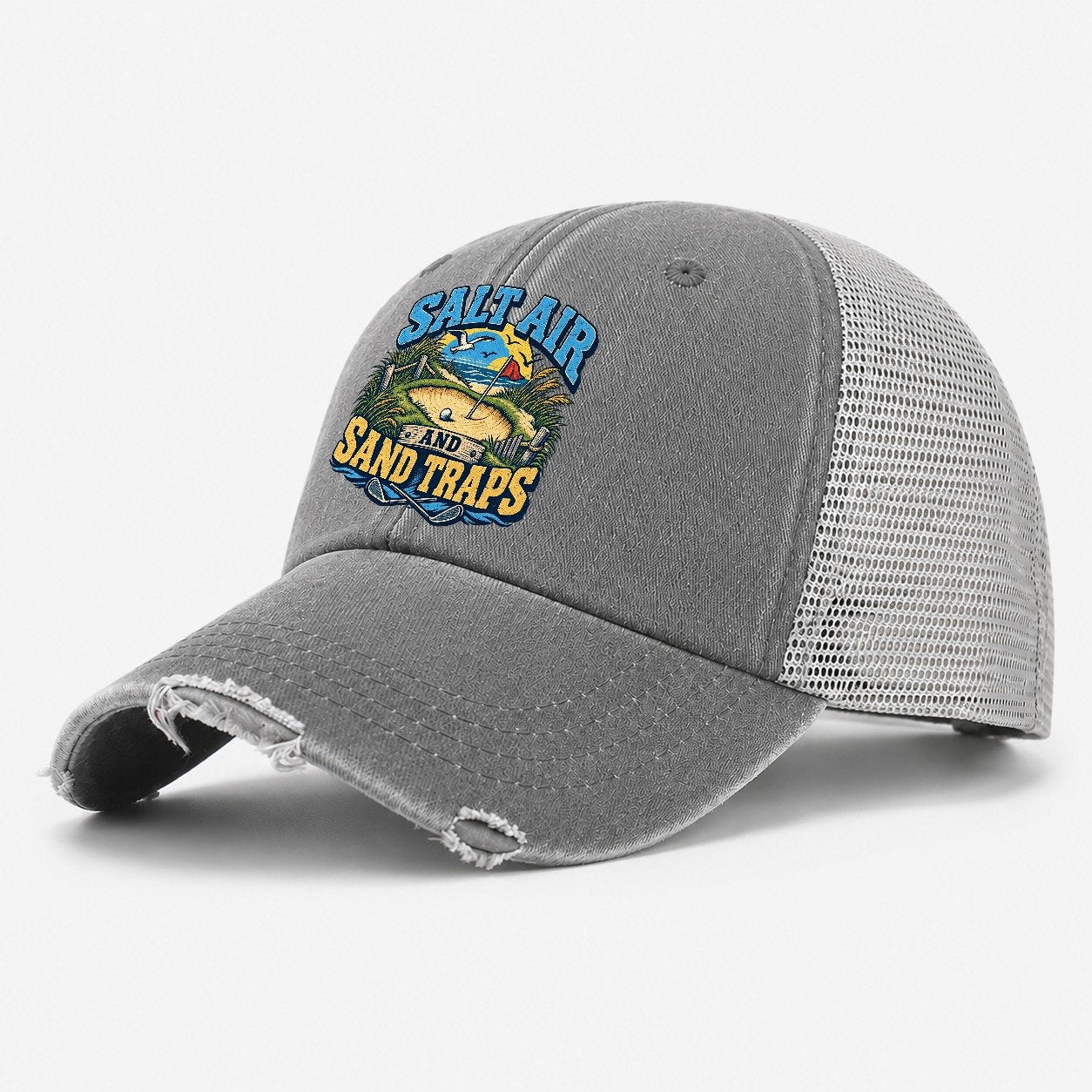Salt Air And Sand Traps Golf Life Washed Trucker Hat – Grey