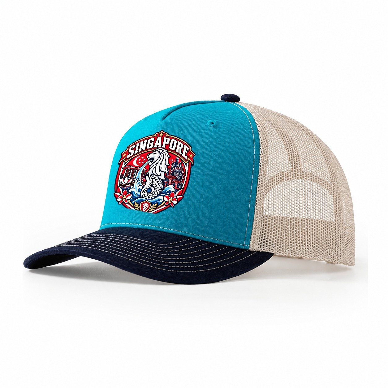 Singapore Retro Badge Country Logos Trucker Hat – Teal Navy