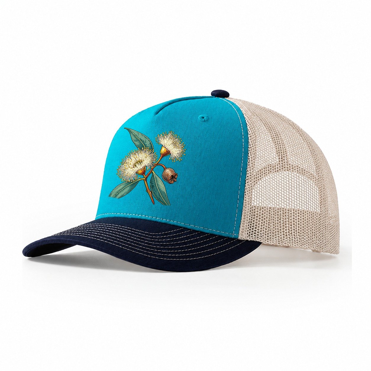 Tasmania Blue Gum Blossom And Capsule Australia Cultural Icons Trucker Hat – Teal Navy