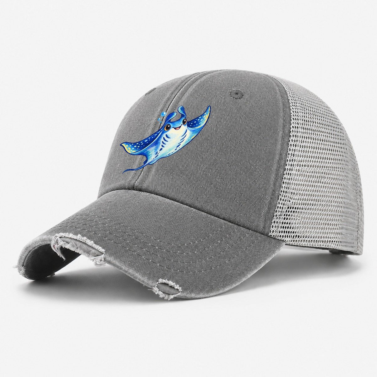 Manta Ray Upward Glide Sea Sprite Washed Trucker Hat – Grey