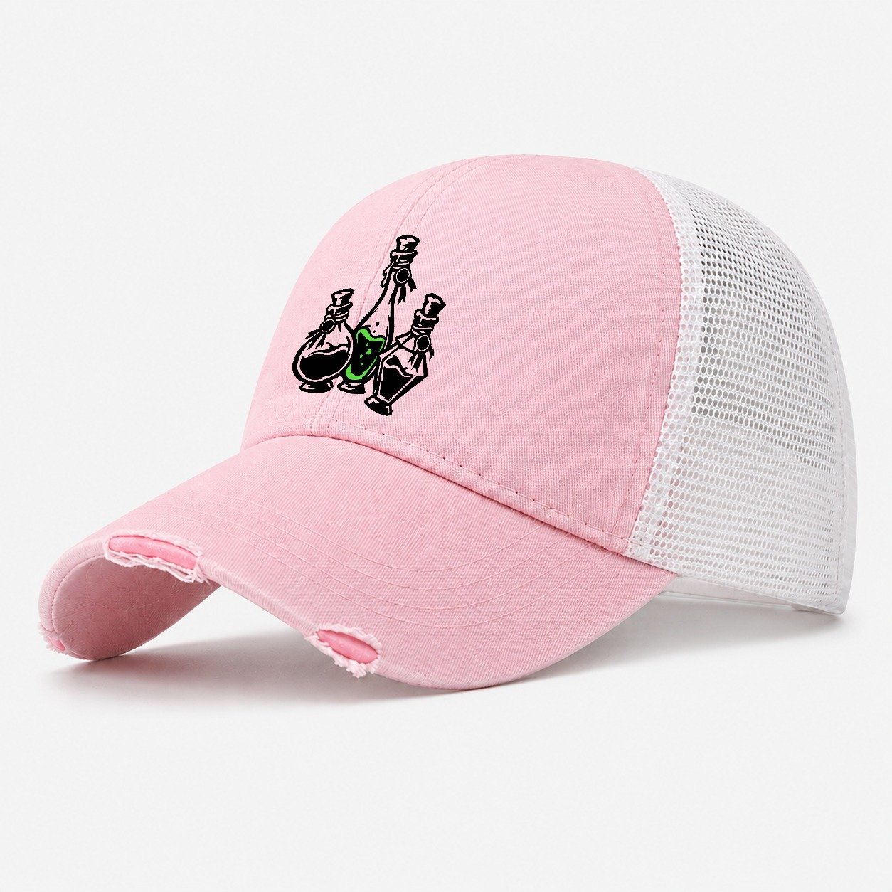 Apothecary Potion Bottle Trio Witch Magic Washed Trucker Hat – Light Pink