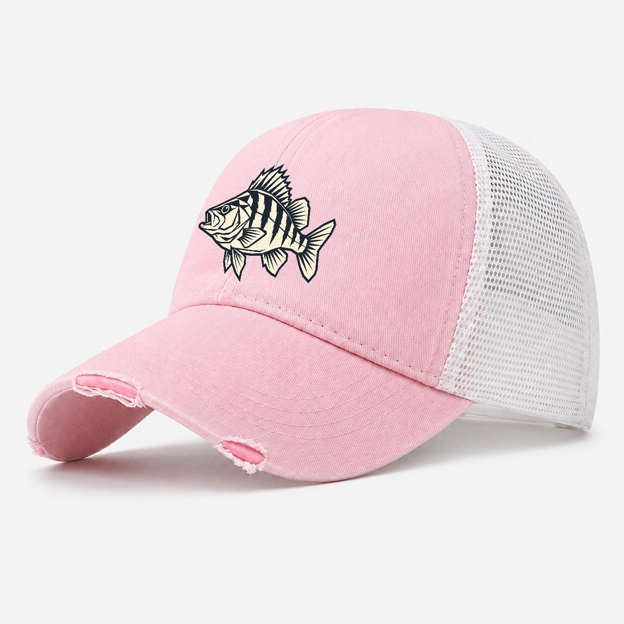Geometric Perch Fishing Elegant Washed Trucker Hat – Light Pink
