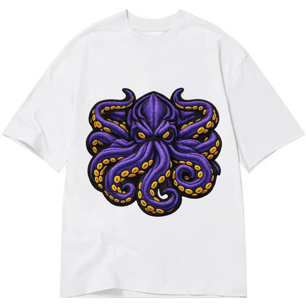 Embroidered Patch Design Kraken Tentacles Sea Monster In Pur Classic T-shirt – White