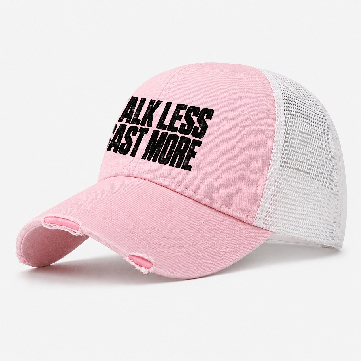 Talk Less Cast More Fishing Club Washed Trucker Hat – Light Pink