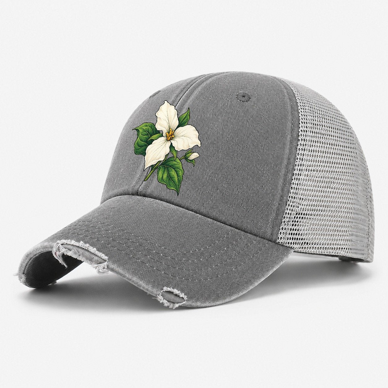 Ontario White Trillium Bloom Canada Cultural Icons Washed Trucker Hat – Grey