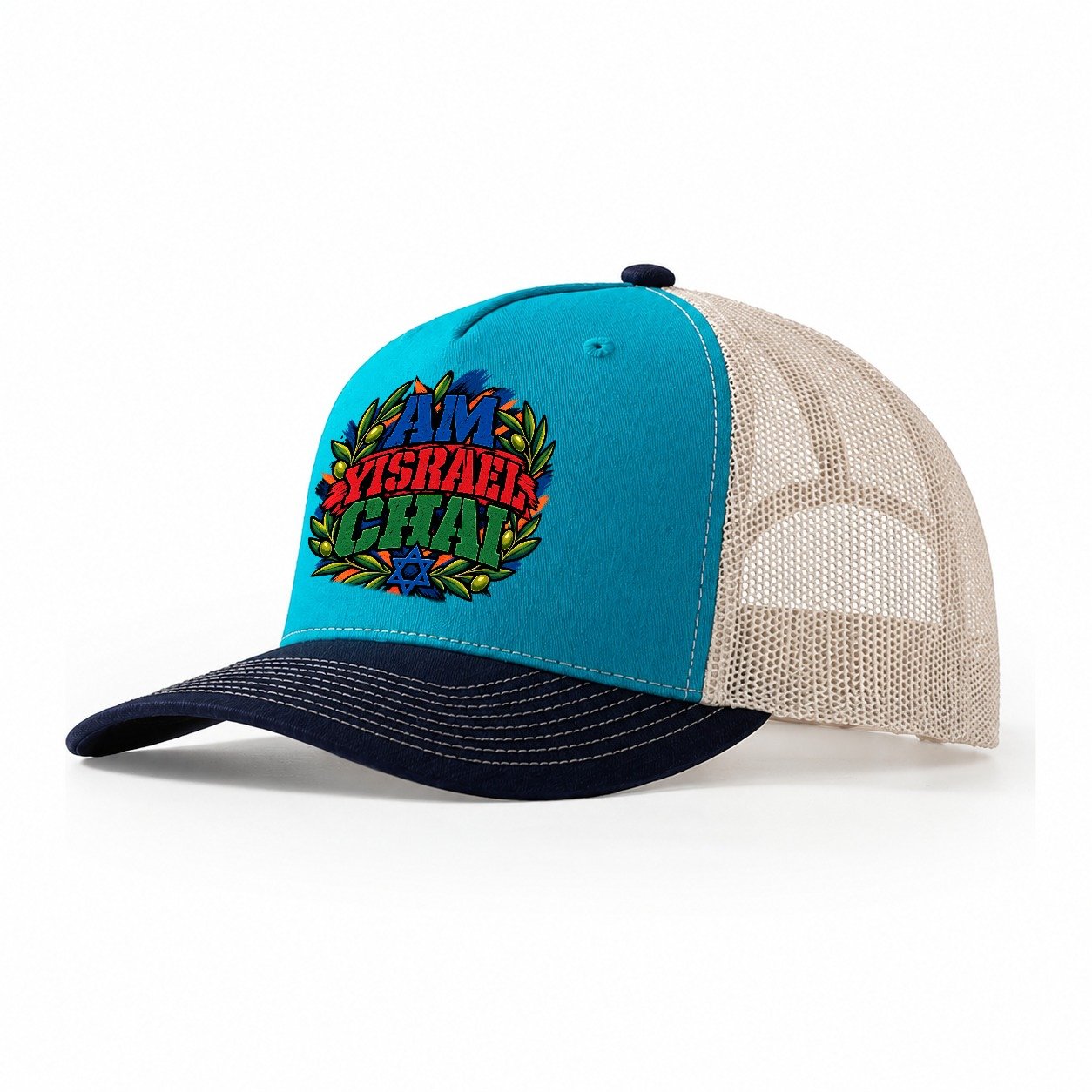 Am Yisrael Chai Anthem Judaism Heritage Trucker Hat – Teal Navy