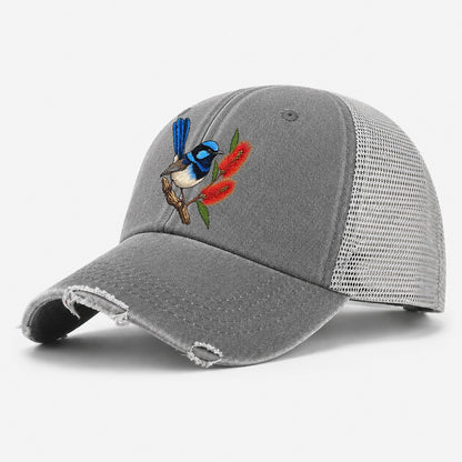 Superb Fairywren And Bottlebrush Australia Cultural Icons Washed Trucker Hat – Grey