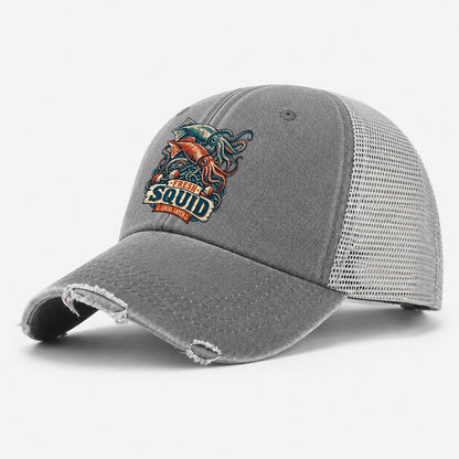 Squid And Net Stack Fishing Club Washed Trucker Hat – Grey