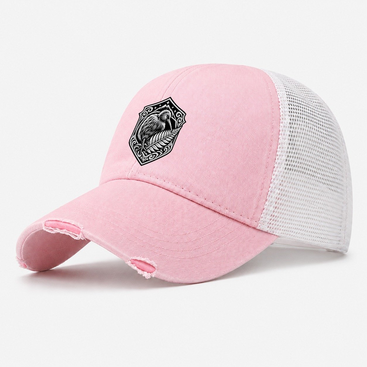 New Zealand Minimal Emblem Country Logos Washed Trucker Hat – Light Pink