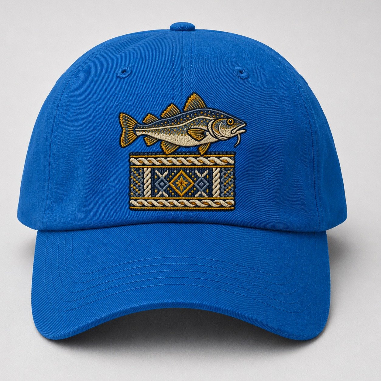 Fisherman S Gansey Knit And Cod Uk Culture Heritage Baseball Cap – Blue
