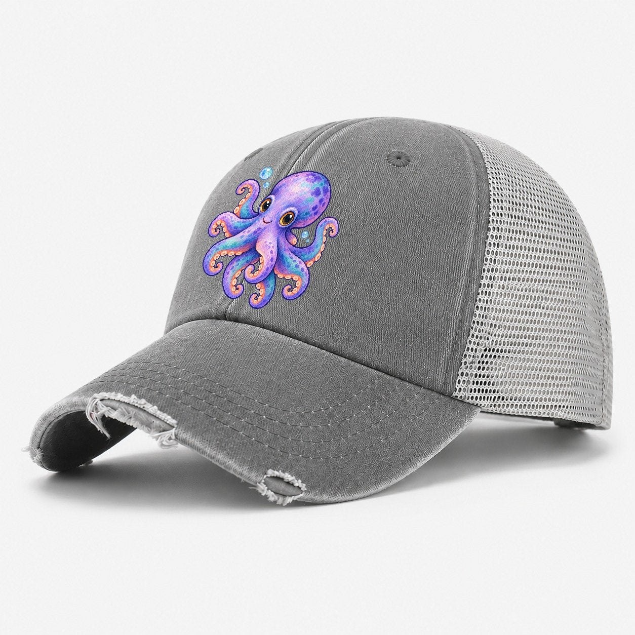 Octopus Playful Pinwheel Sea Sprite Washed Trucker Hat – Grey