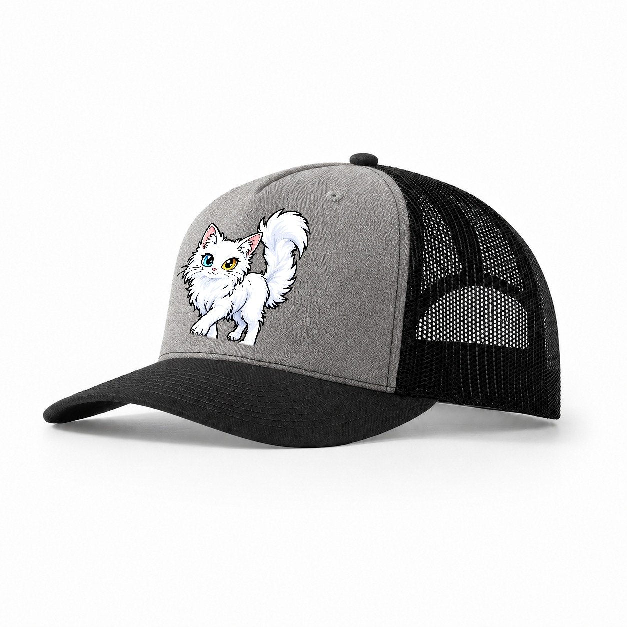 Turkish Angora Tail Up Peeking Cats Trucker Hat – Grey Black