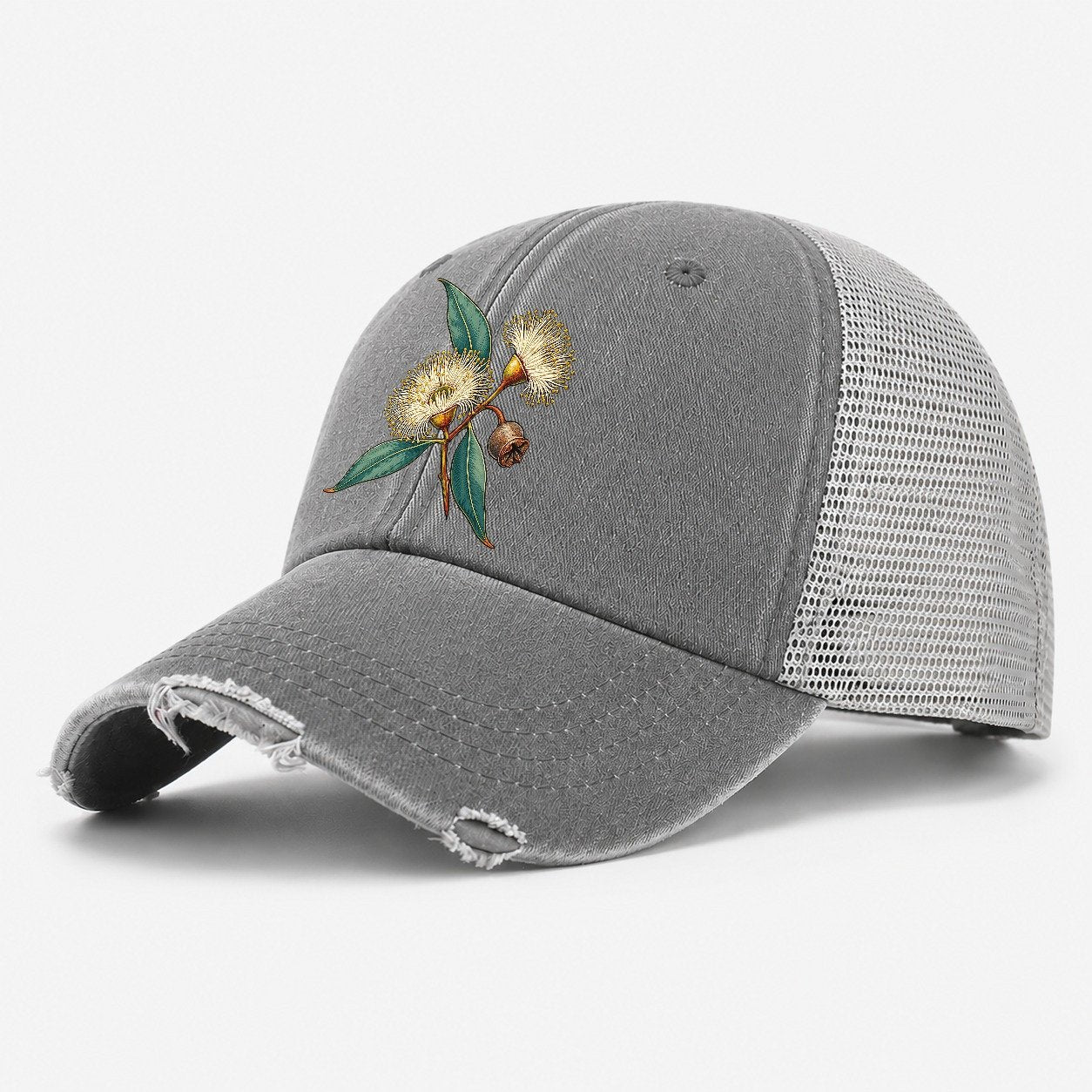 Tasmania Blue Gum Blossom And Capsule Australia Cultural Icons Washed Trucker Hat – Grey