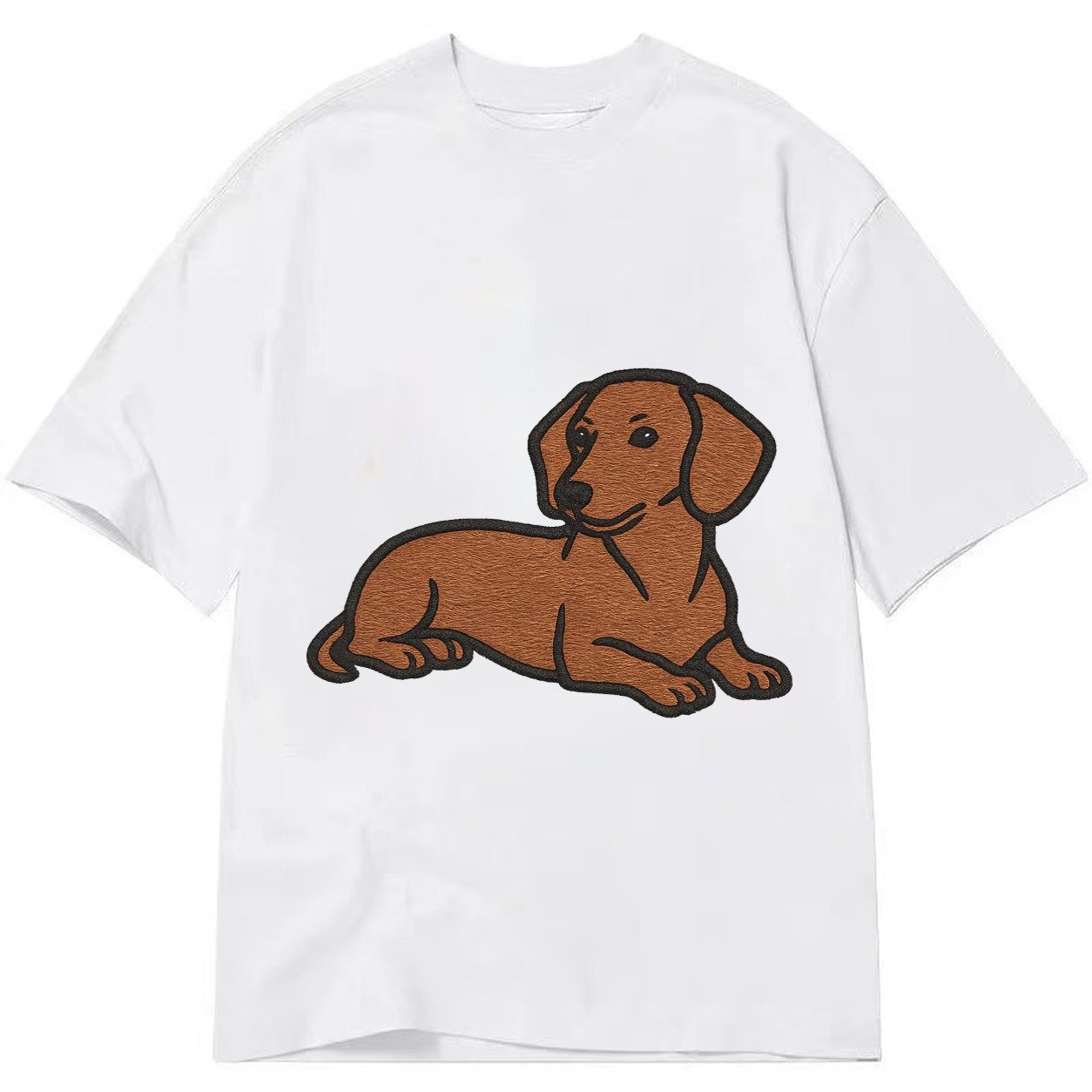 Dachshund Red Smooth Relaxed Lying Down With Head Up Embroid Classic T-shirt – White