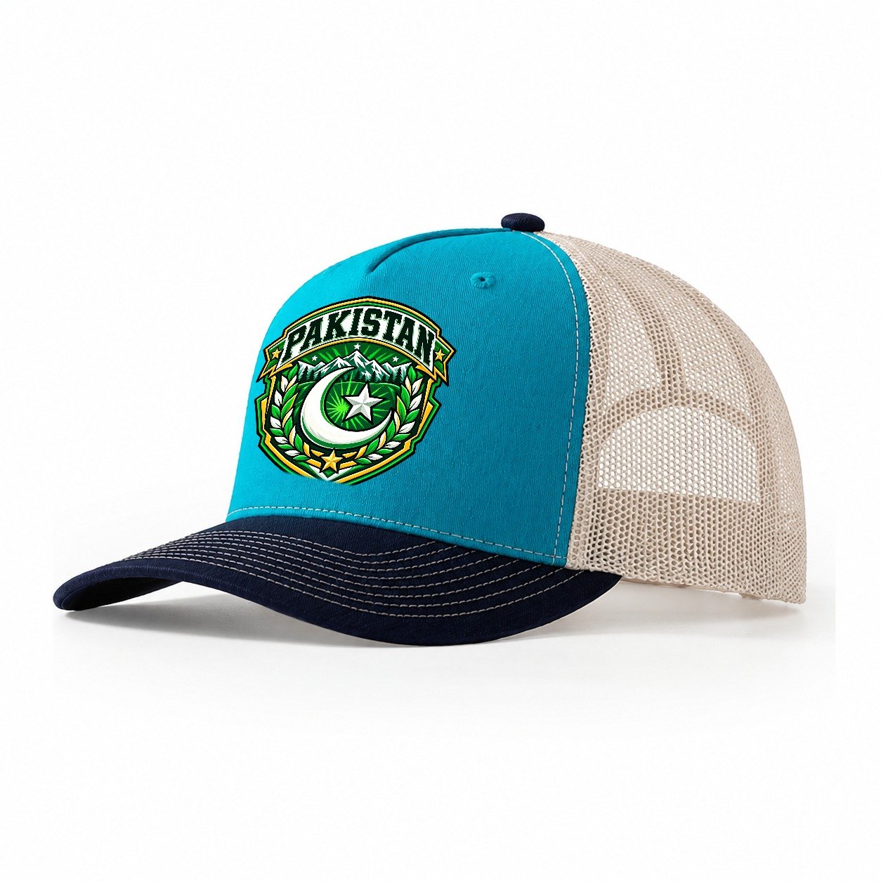 Pakistan Retro Badge Country Logos Trucker Hat – Teal Navy