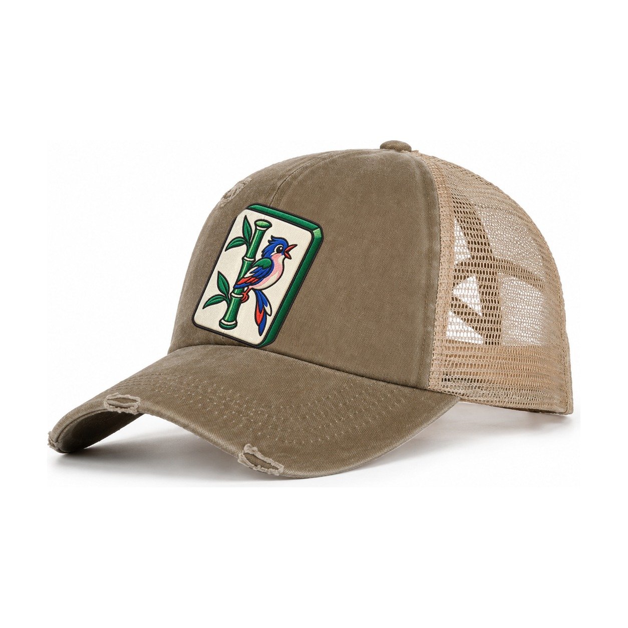 Bamboo Songbird Mahjong Game Night Women's Ponytail Trucker Hat – Taupe Khaki