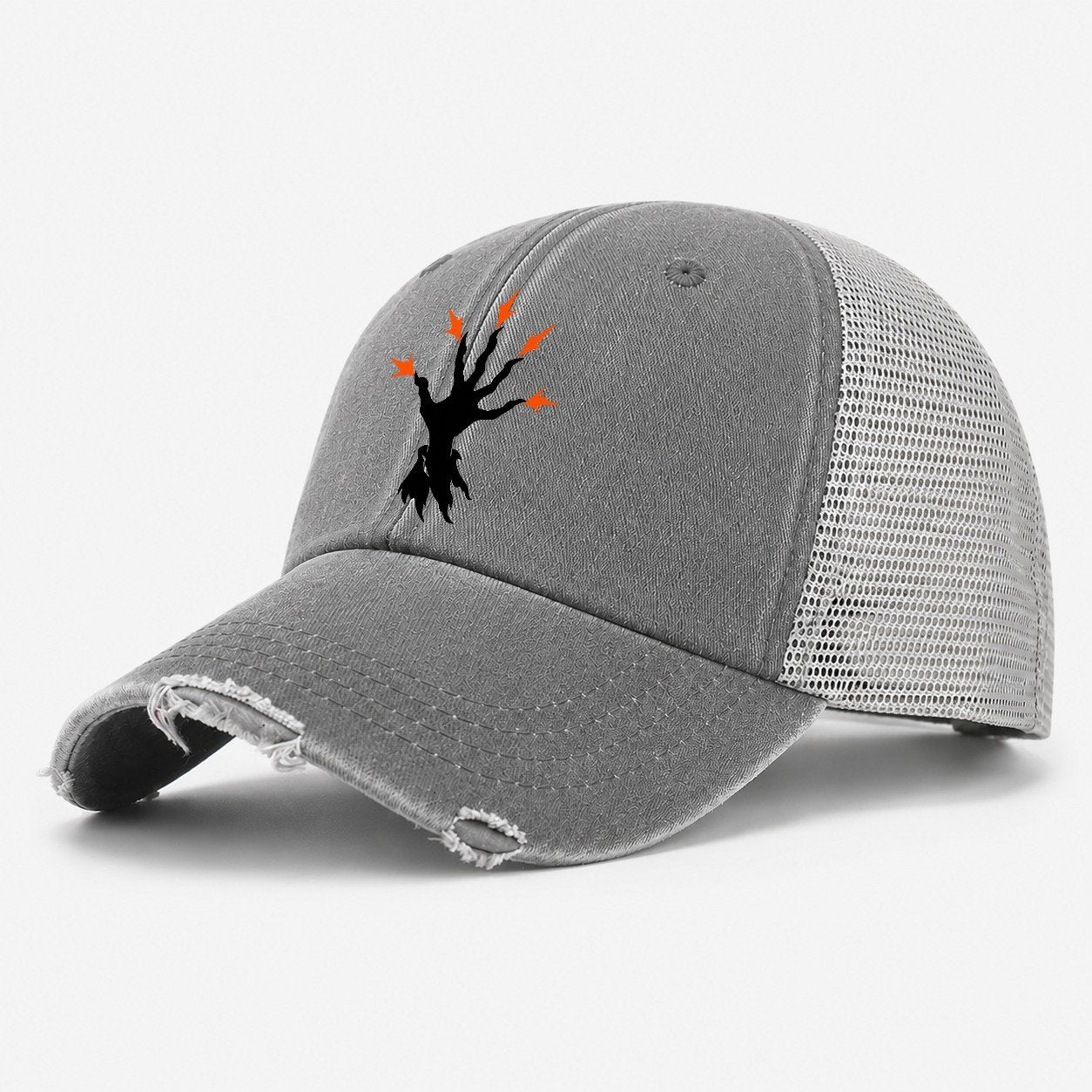 Spellcasting Hand With Sparks Witch Magic Washed Trucker Hat – Grey
