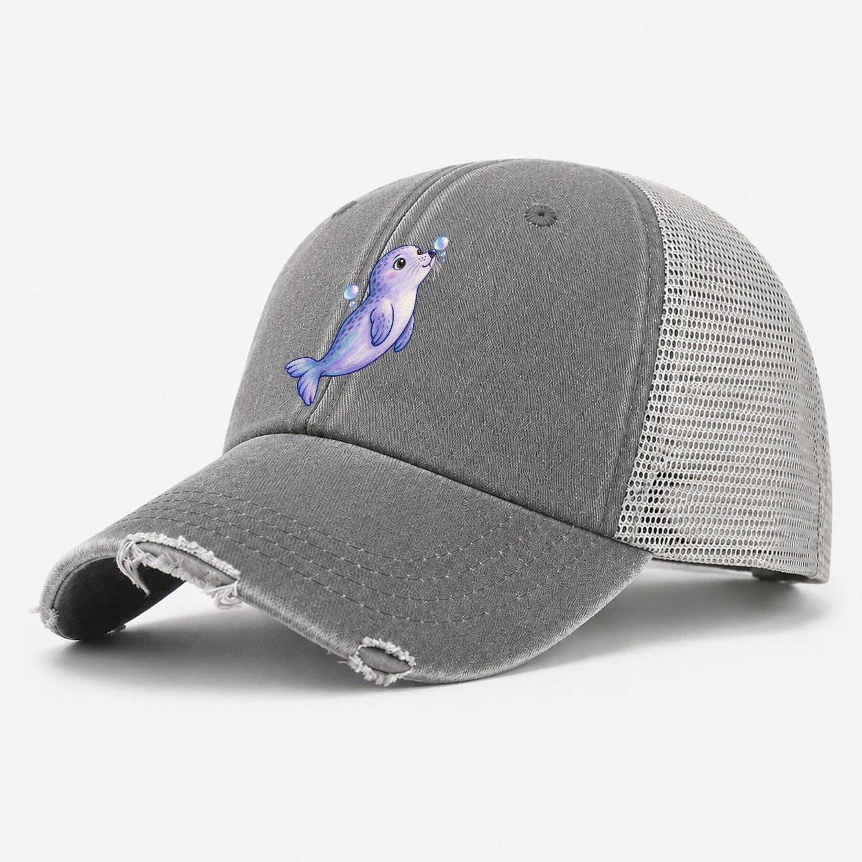 Seal Bubble Snoot Sea Sprite Washed Trucker Hat – Grey
