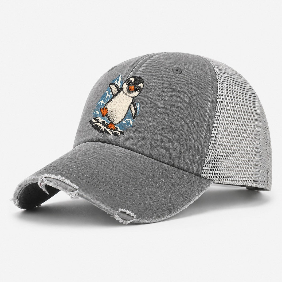 Baby Penguin on Iceberg Washed Trucker Hat – Grey