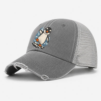 Baby Penguin on Iceberg Washed Trucker Hat – Grey