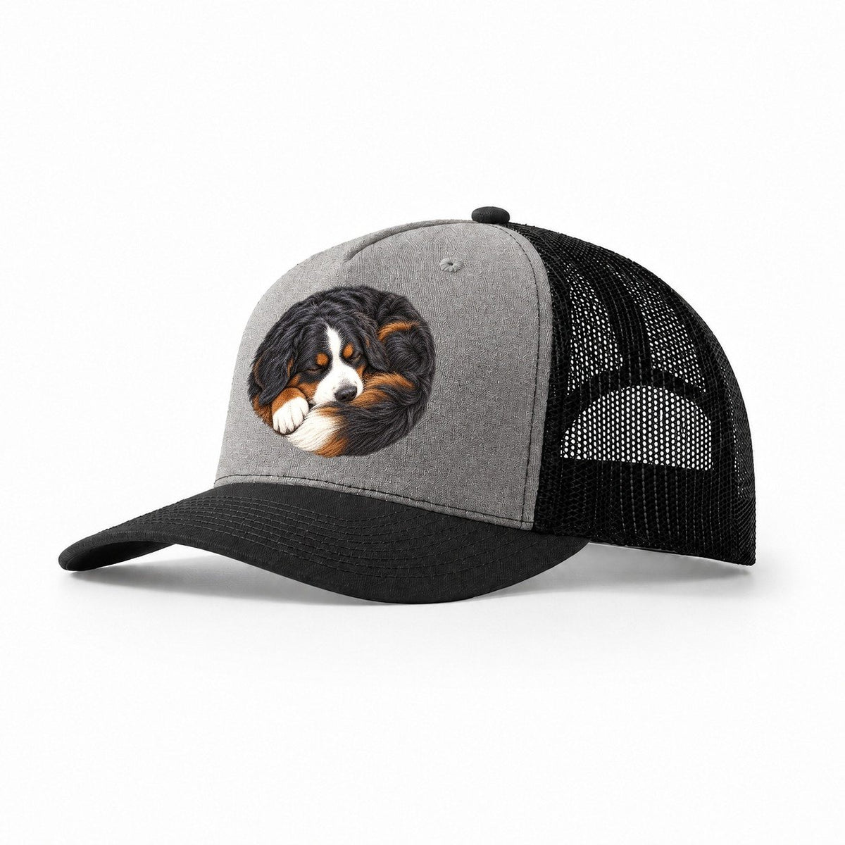 Bernese Round Hearth Nap Pastimes Companions Trucker Hat – Grey Black