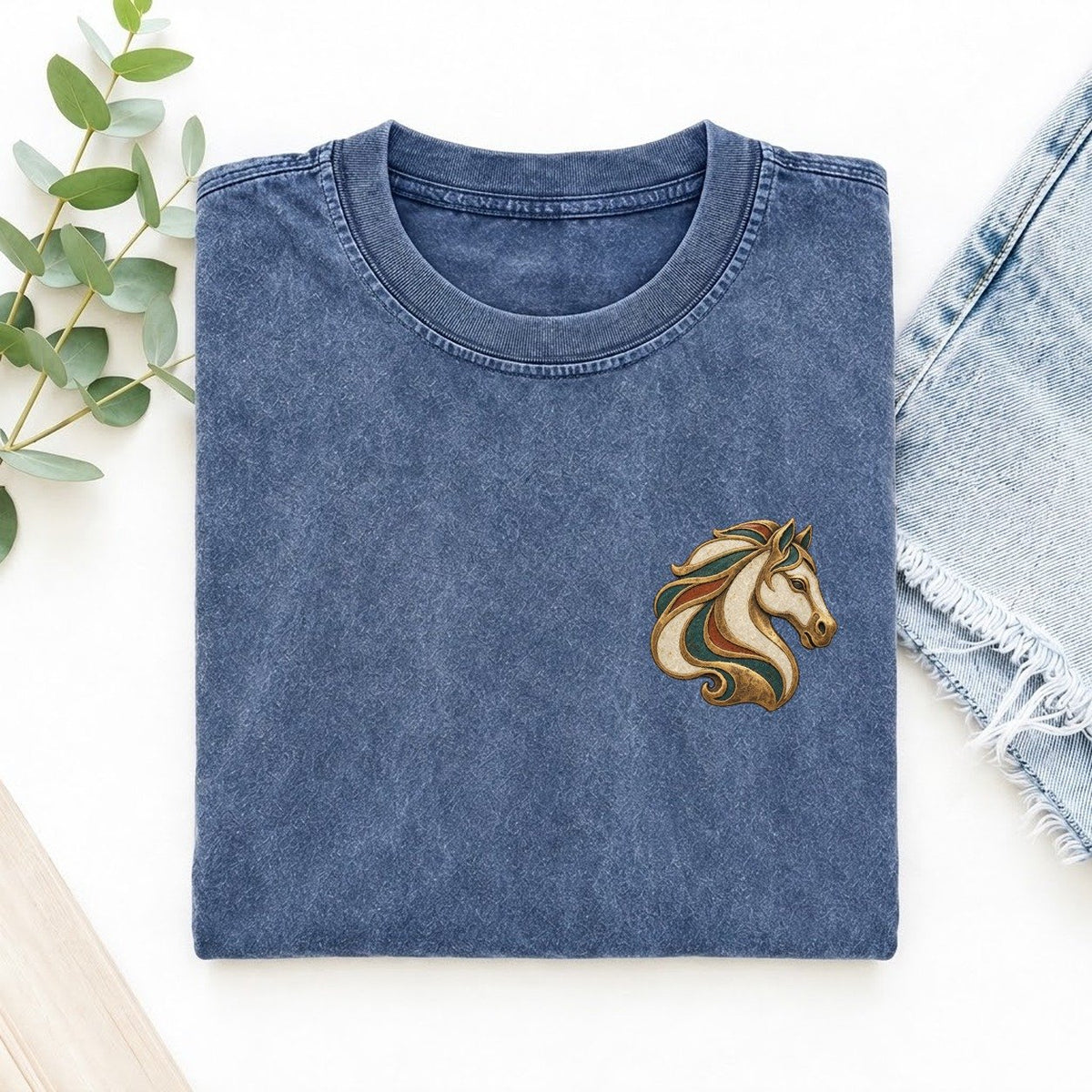 Horse Mane Sweep Keepsake Emblem Left Chest Vintage T-shirt – Washed Blue