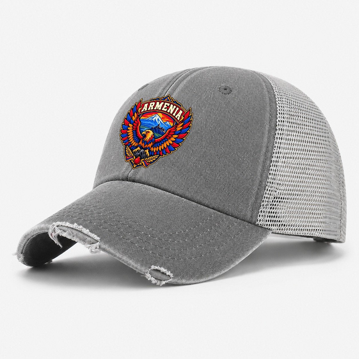 Armenia Retro Badge Country Logos Washed Trucker Hat – Grey