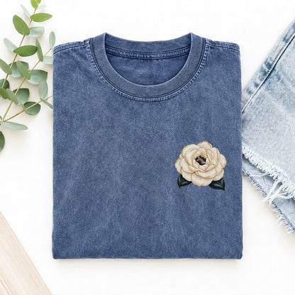 Camellia Double Bloom Left Chest Vintage T-shirt – Washed Blue