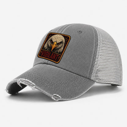 Eagle Vigilant Badge Washed Trucker Hat – Grey