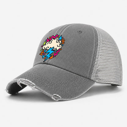 Squiggle Lightning Cloud Crazy Styles Washed Trucker Hat – Grey