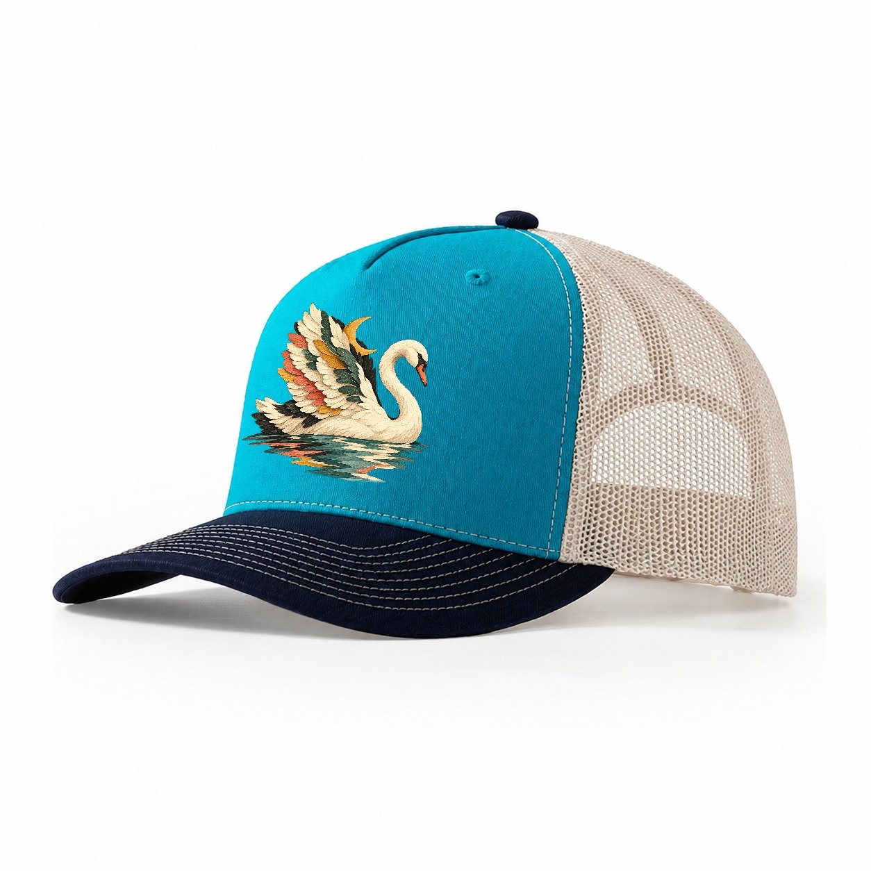 Swan Moon Reflection Gentle Wild Trucker Hat – Teal Navy