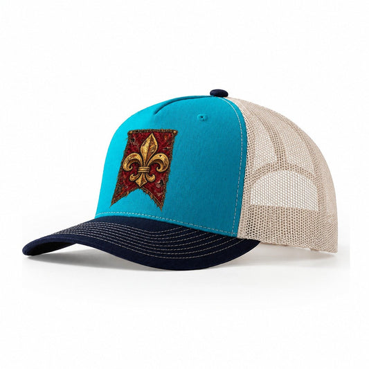 Fleur De Lis Worn Icon Trucker Hat – Teal Navy