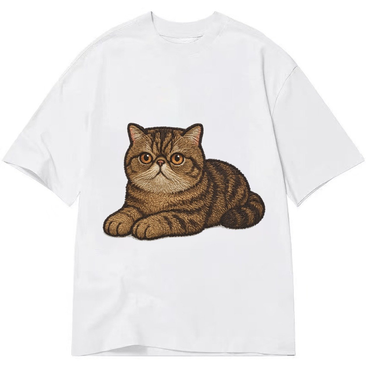 Exotic Shorthair Flat Face Plush Coat Relaxed Lying Down Wit Classic T-shirt – White