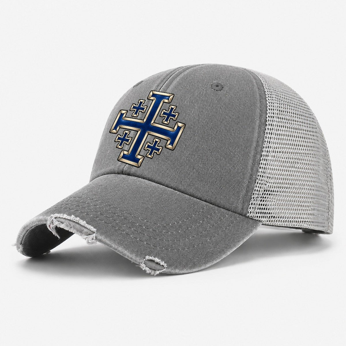 Jerusalem Cross Blue Enamel Character Club Washed Trucker Hat – Grey