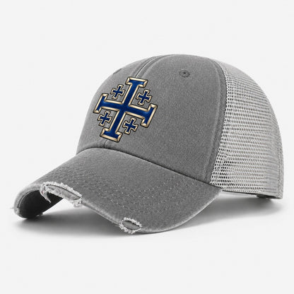 Jerusalem Cross Blue Enamel Character Club Washed Trucker Hat – Grey
