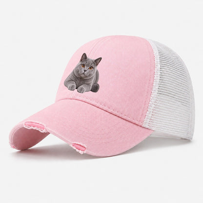 British Shorthair Reclining Paws Forward Realistic Cat Portrait Washed Trucker Hat – Light Pink