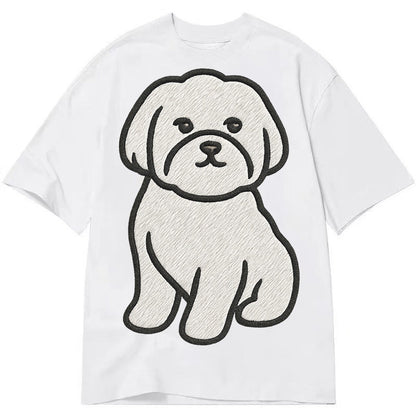 Maltese Pure White Fluffy Embroidered Design Classic T-shirt – White