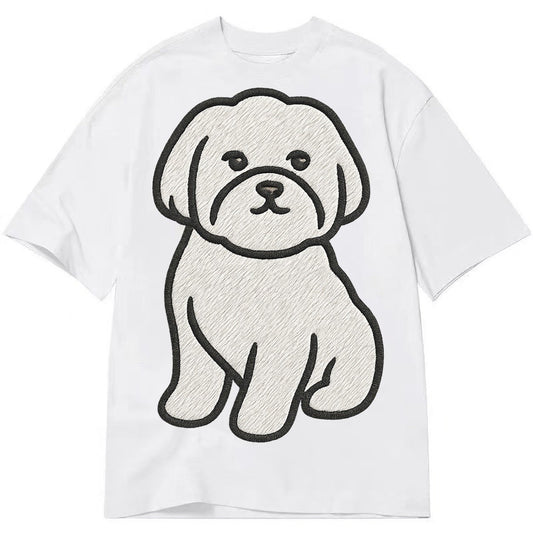 Maltese Pure White Fluffy Embroidered Design Classic T-shirt – White