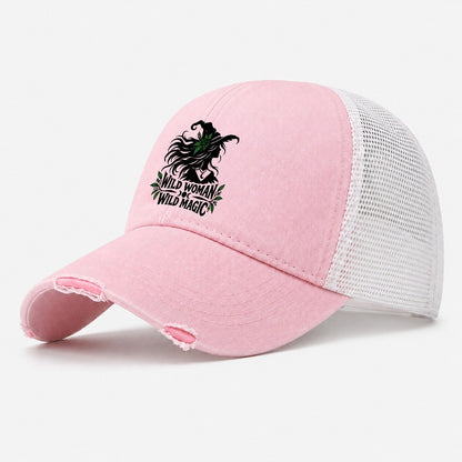 Wild Woman Wild Magic Slogan Witch Magic Washed Trucker Hat – Light Pink