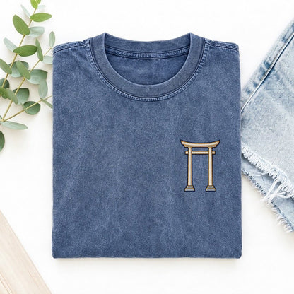Torii Gate Symbol Emblems Left Chest Vintage T-shirt – Washed Blue