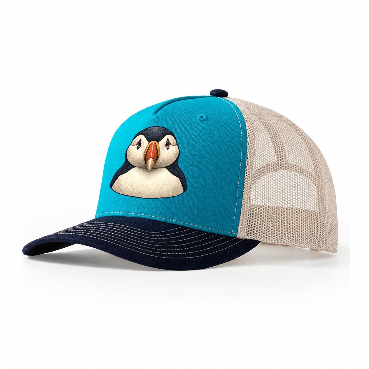 Puffin Bill Study Birdwatching Trucker Hat – Teal Navy
