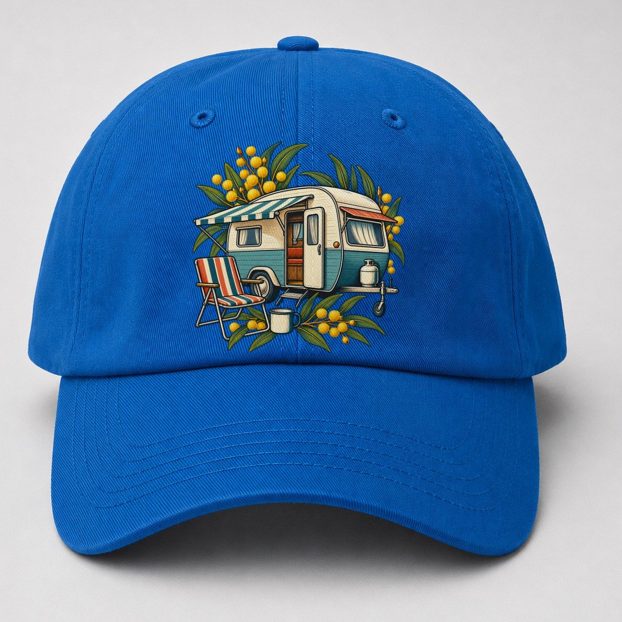 Retro Caravan Folding Chair And Enamel Mug Australia Cultural Icons Baseball Cap – Blue