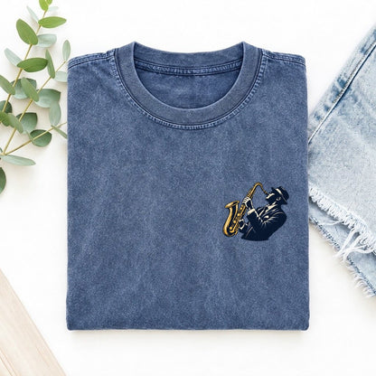 Jazz Saxophonist Left Chest Vintage T-shirt – Washed Blue