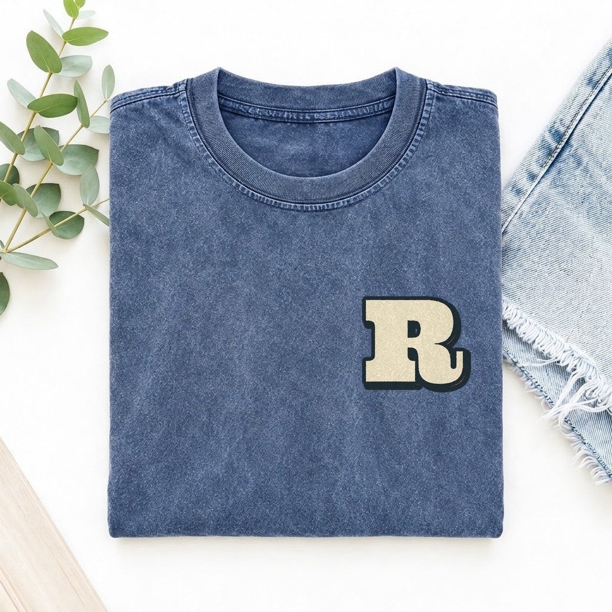 Initial R Left Chest Vintage T-shirt – Washed Blue