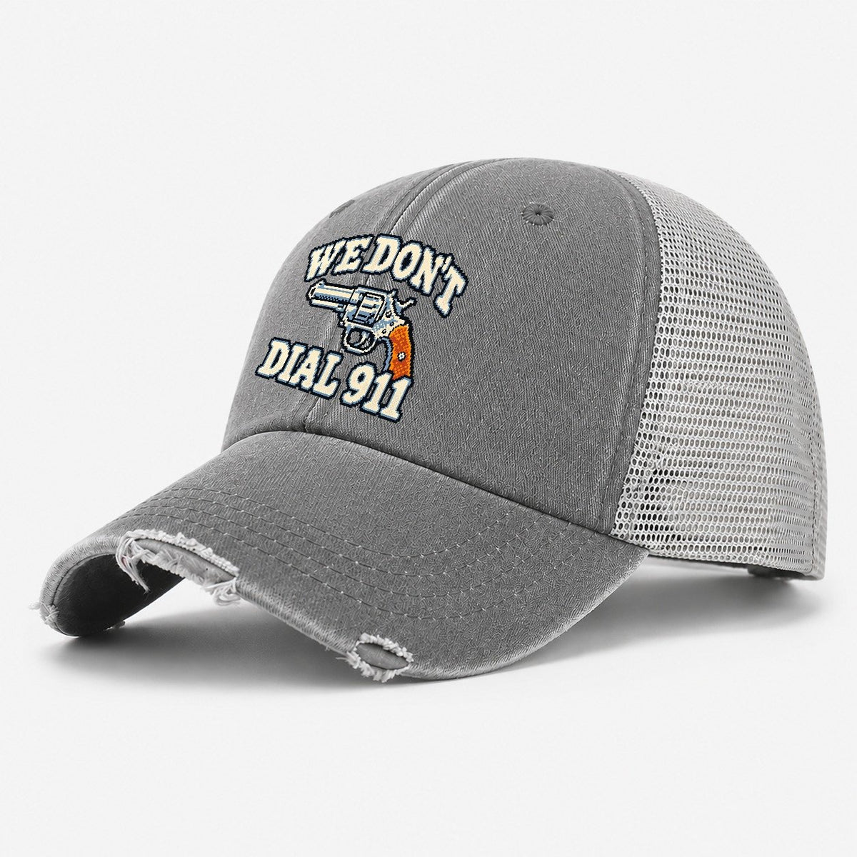 Arcade Pixel We Don't Dial 911 Washed Trucker Hat – Grey