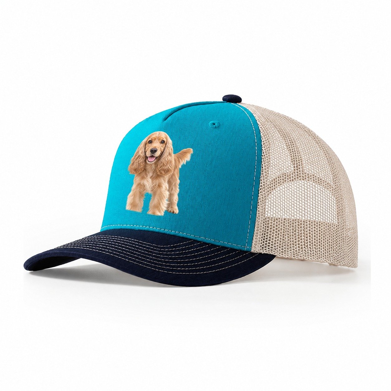 Cocker Spaniel Standing Top Breeds Trucker Hat – Teal Navy